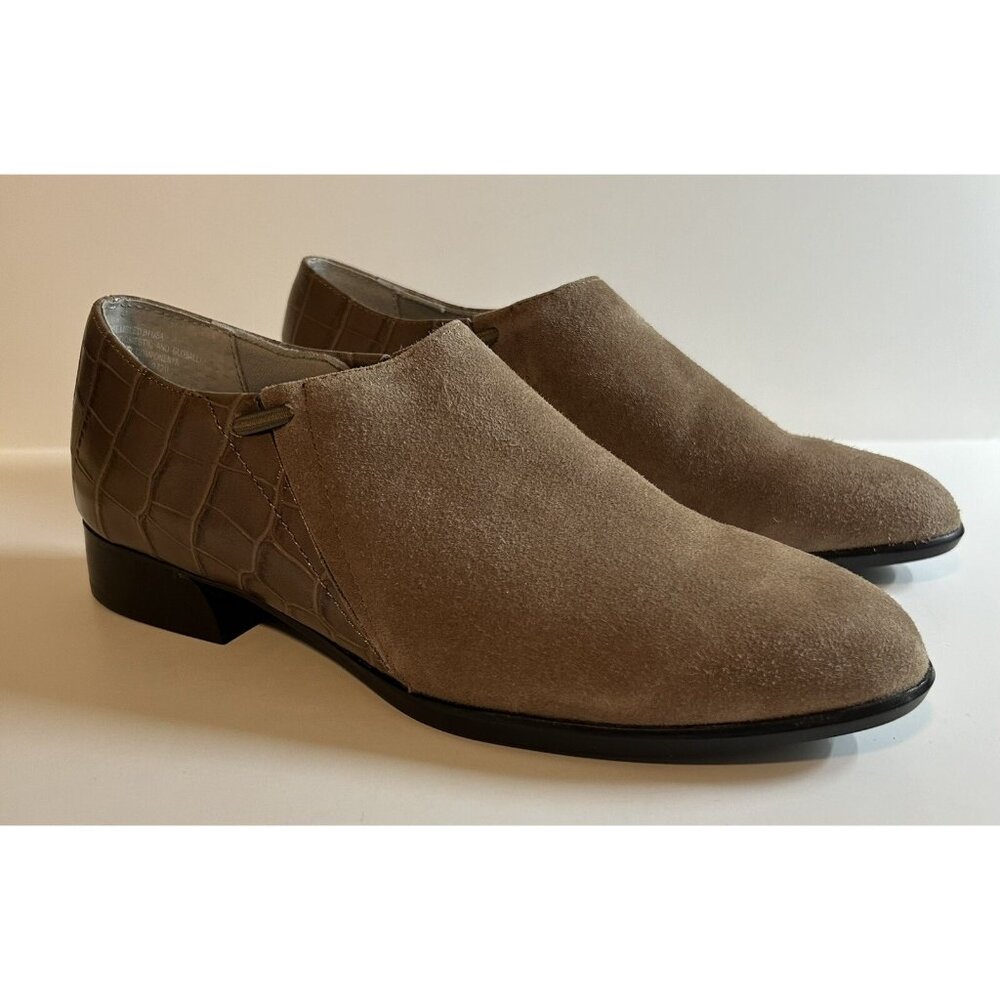 Munro Marteen Flat Taupe Suede Leather Short Booties Loafers Croc Embossed Sz 7M